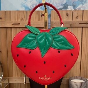 kate spade Limited/Rare Red Strawberry Heart Mini Bag with Green Leaf Detail